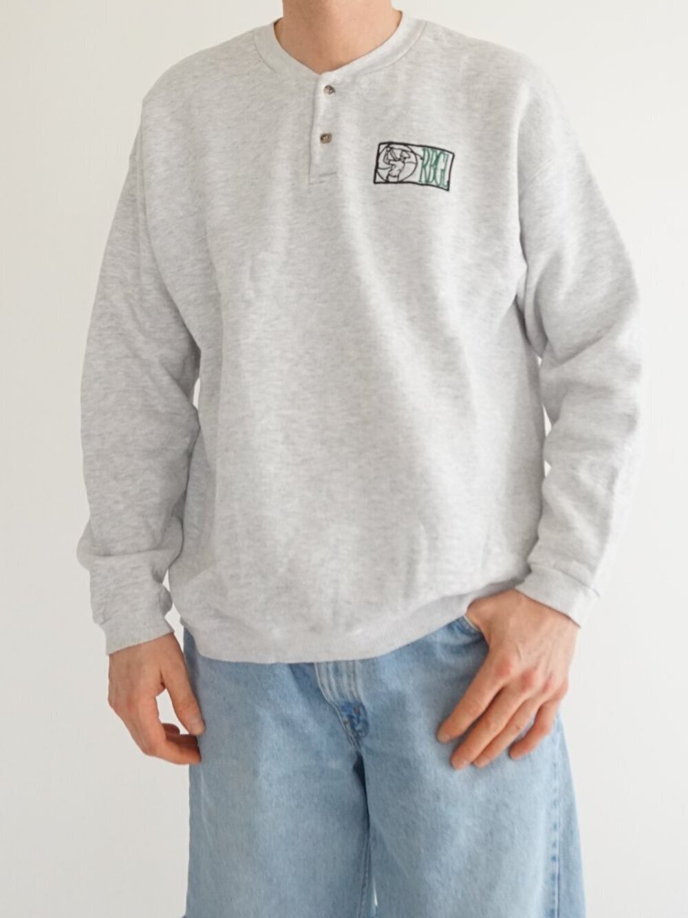 Vintage Lee Grey RBGL Logo Golfer Swing Henley Button Long Sleeve Sweatshirt XL